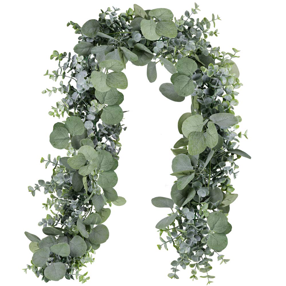 Winlyn 5.9' Long Faux Silver Dollar Eucalyptus Leaves Greenery Artificial Garland in Grey Green for Wedding Arch Swag Backdrop Doorways Table Runner Indoor Outdoor