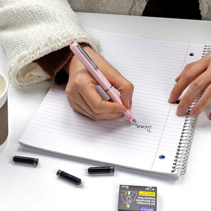 WRITECH Retractable Fountain Pen Set: Black Ink Fine Nib, 5 Refillable Ink Cartridges Included, No Leaking Smooth Writing for Calligraphy Journaling Gift (Pink)