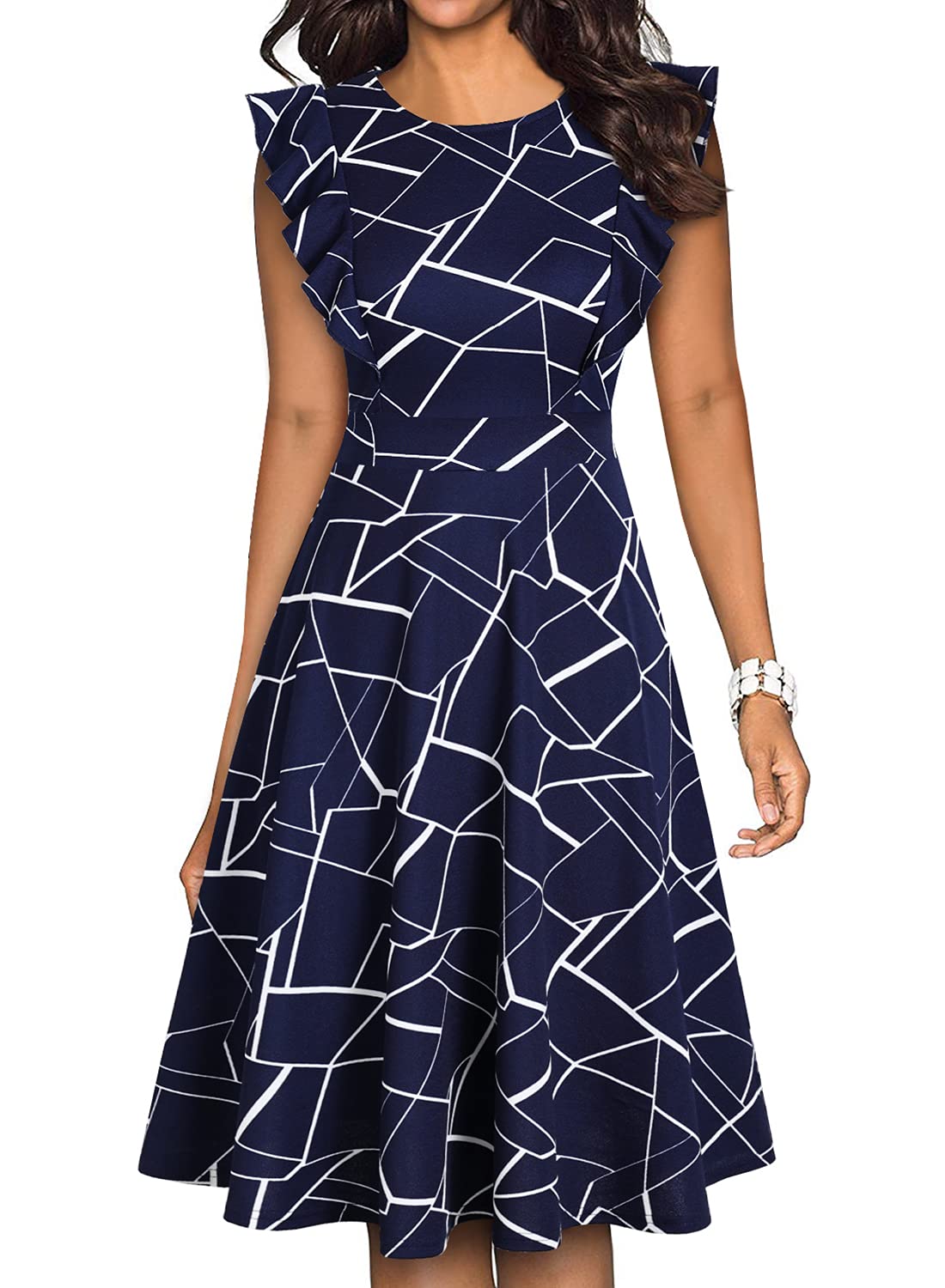 YATHON Women's Vintage Ruffle Floral Flared A Line Swing Casual Cocktail Party Dresses (L, YT001-Blue w Stripe)