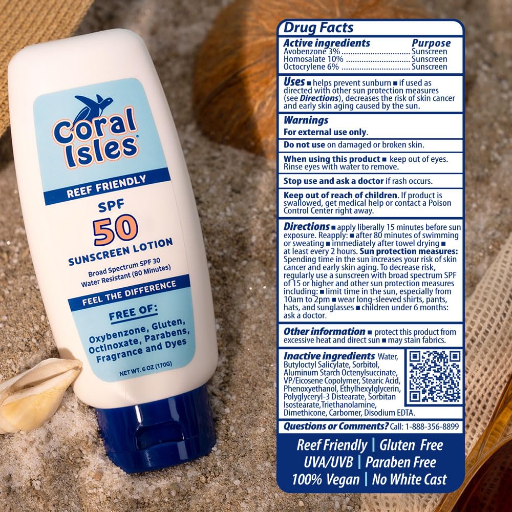 Coral Isles Sunscreen SPF 50 | Hawaii Compliant as Reef Safe | Octinoxate & Oxybenzone Free | Broad Spectrum UVA/UVB Protection | Water Resistant 80 Min. | Fragrance Free | 6 Fl Oz Lotion