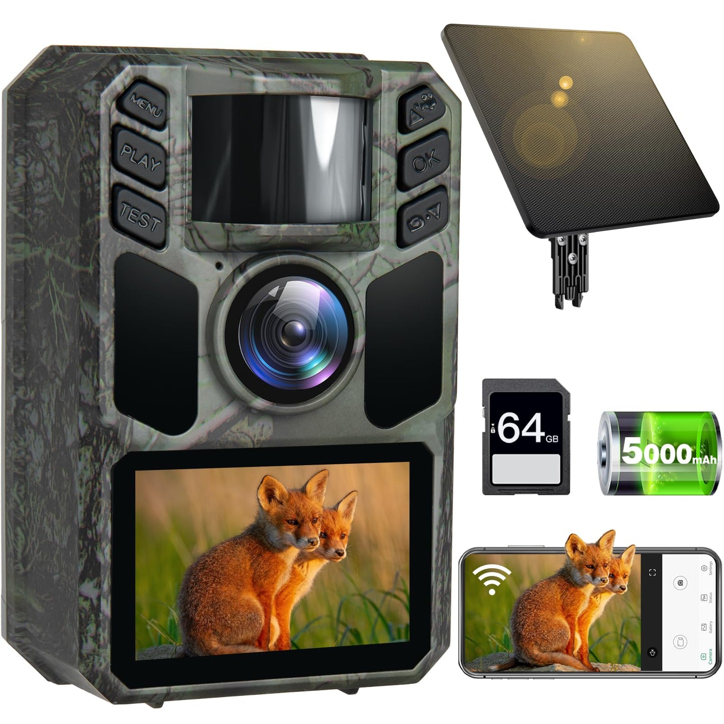 FKPCAM Trail Camera 4K 64MP Solar WiFi Game Hunting Camera with Night Vision– Built-in 5000mAh Battery, IP67 Waterproof, Motion Activated, 64GB Memory Card