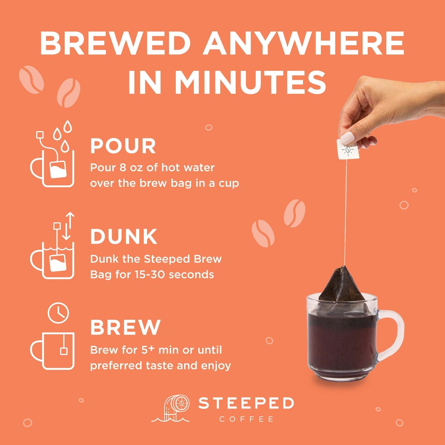 Steeped Coffee Single-Serve Packs - Just + Water - Direct Trade, Hand Roasted & Freshly Ground, Specialty Grade - Nitro Sealed (Eventide Decaf (Swiss Water Process), 8 Count (Pack of 1))