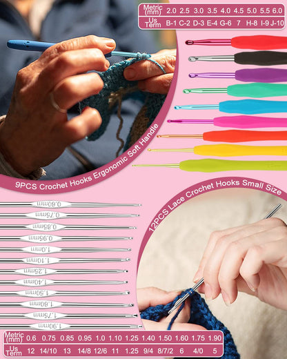 Coopay Crochet Kit for Beginners, 71PCS Crochet Starter Kit with 16 Colors Crochet Yarn & Instructions, Double-Layer Crochet Set Beginner Crochet Kit for Kids/Adults, Professional Starter Pack, Pink