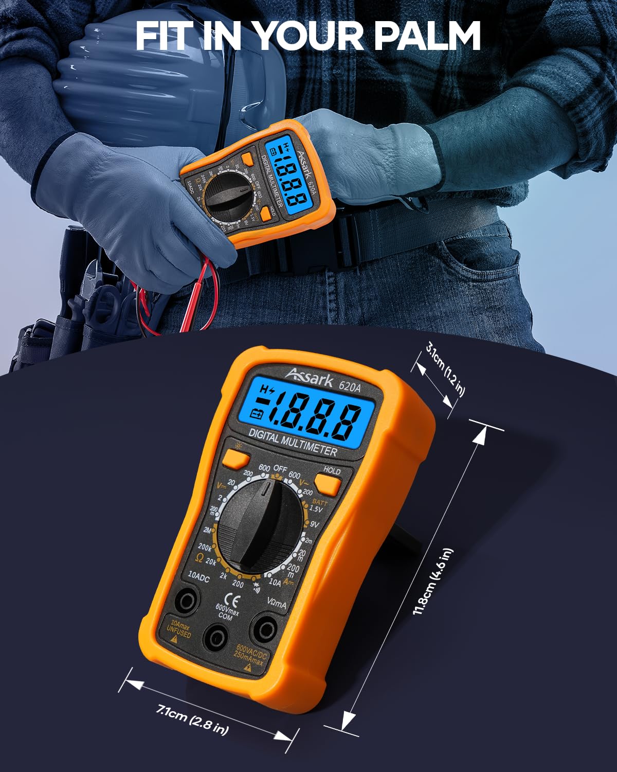 Digital Multimeter Voltage Tester, Assark 2000 Counts Multimeter Measure AC DC Voltage DC Current, Meter Tester Test Volt Ohm Amp Diode Continuity, Resistance, Backlit LCD Display, Data Hold Function