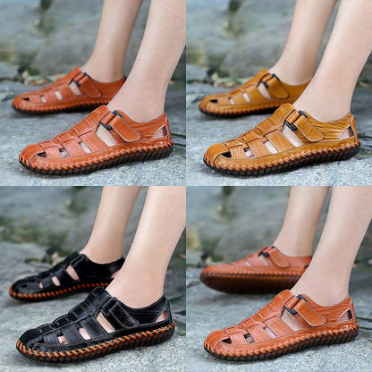 Qiucdzi Mens Sport Sandals Breathable Outdoor Fisherman Shoes Adjustable Closed Toe Summer Leather Loafters,Dark Brown