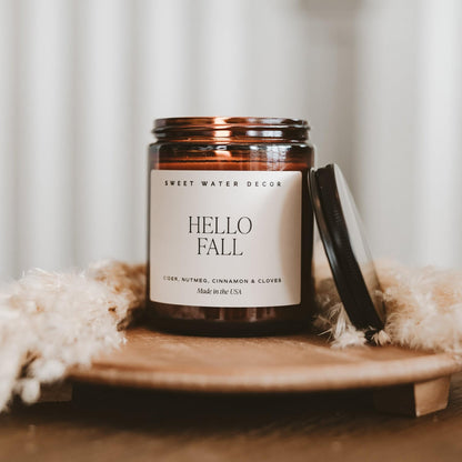 Sweet Water Decor Hello Fall Soy Candles - Fall Candle with Hot Cider, Cinnamon, Cloves, and Nutmeg Scent for Home - Soy Candle with 40 Hours Burn Time - 9Oz Black Lid Amber Jar Candles Fall Scents
