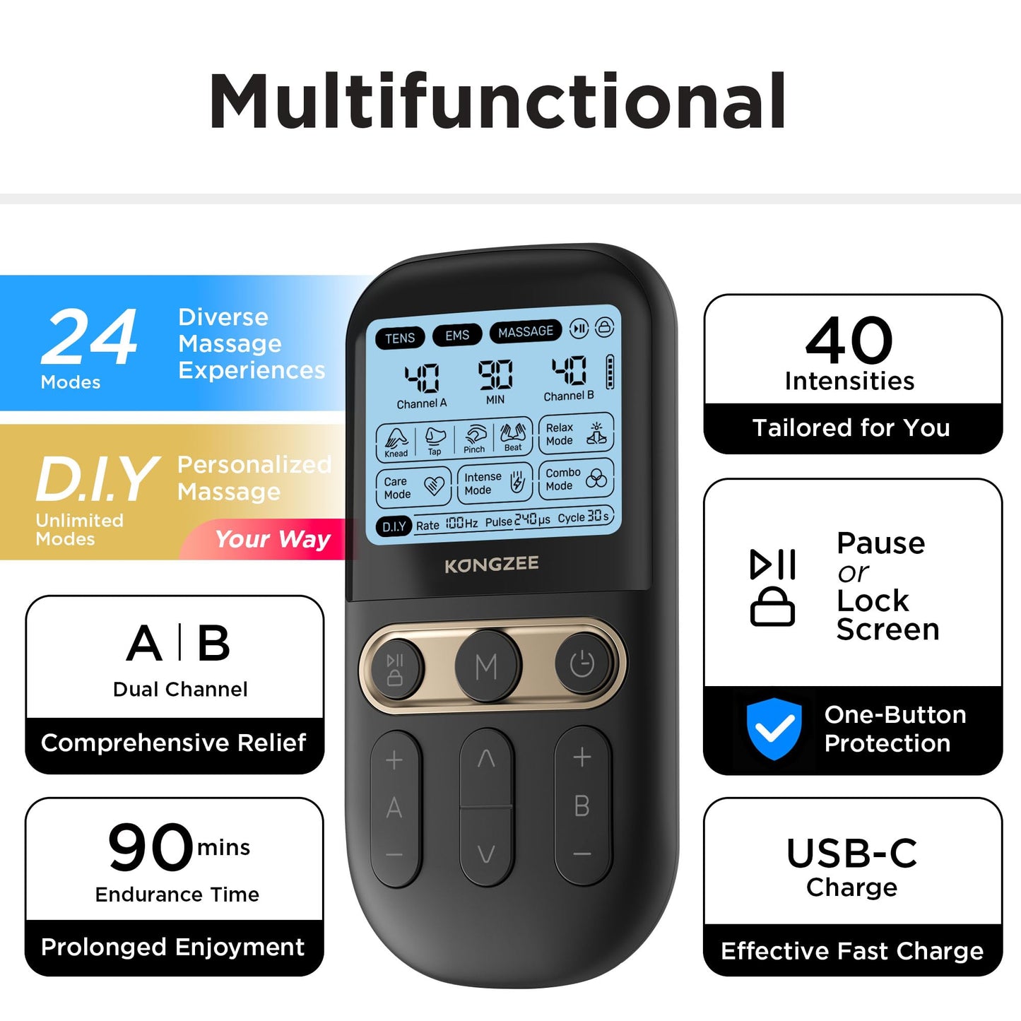 4 in 1 - D.I.Y & Tens Unit & EMS & Massage Muscle Stimulator, Dual Channel TENS Units Therapy Machine for Pain Relief, FDA Cleared Rechargeable Electronic Pulse Massager,with 12pcs Electrode Pads