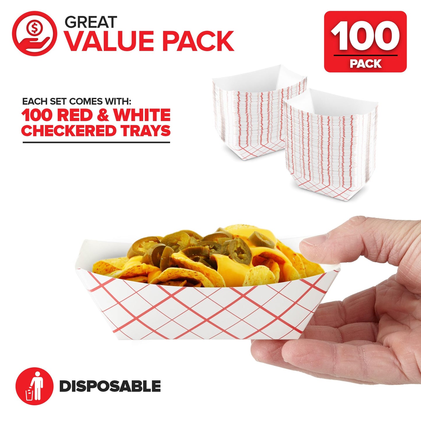 Stock Your Home Extra Small Paper Food Boats (100 Pack) – 0.5 lb Disposable Red & White Checkered Paper Trays, Eco-Friendly Serving Boats for Concession Food & Condiments, 3.75" x 2"