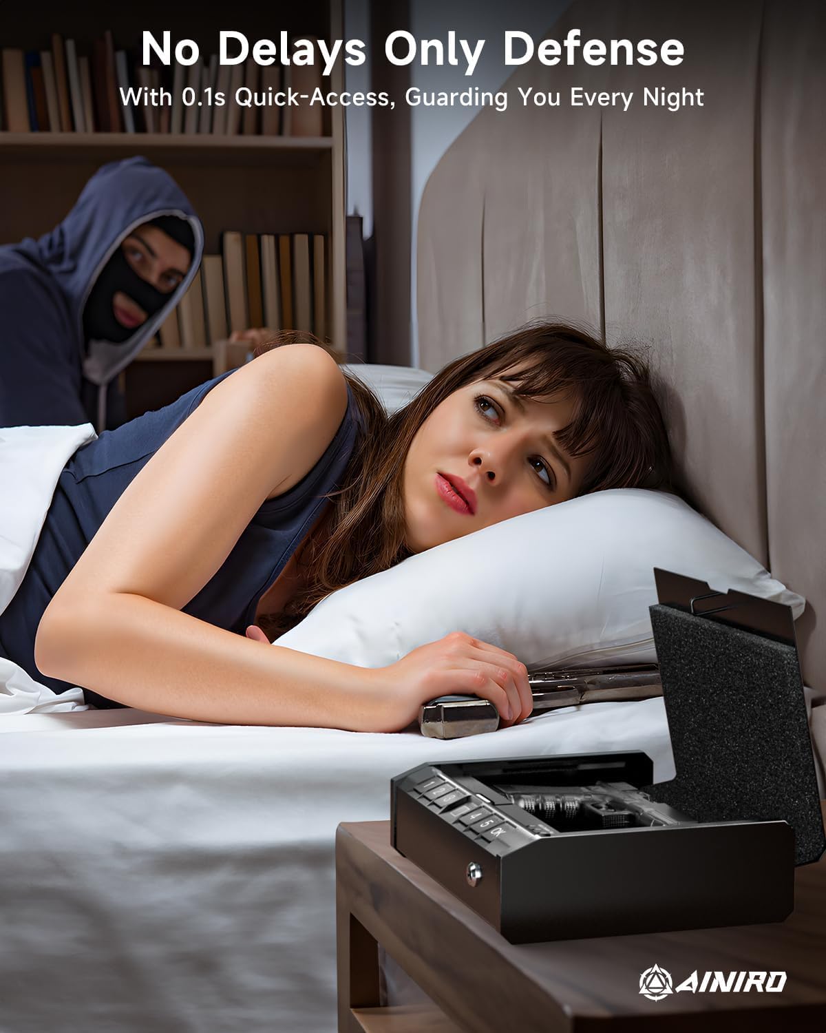 AINIRO Gun Safe for Pistols - Biometric Gun Safe for Handgun, Quick-Access Gun Lock with Fingerprint Identification or Key Pad, Storage Home Bedside Nightstand Car