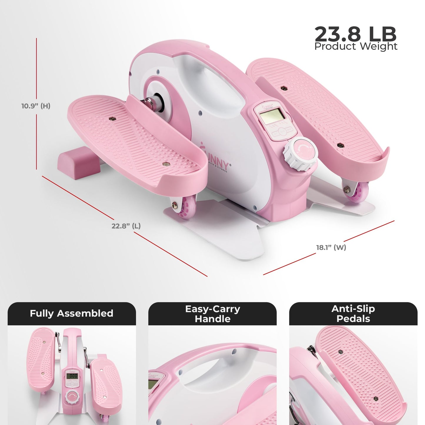 Sunny Health & Fitness Smart Pink Under-Desk Elliptical Trainer, Mini Pedal Exerciser for Home/Office Workout, Portable Machine for Seniors Training, Exclusive Bluetooth Link to SunnyFit App - P2420