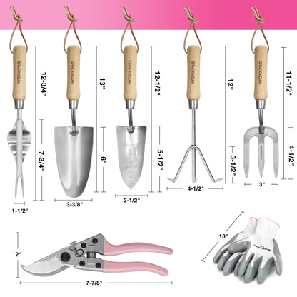 WORKPRO 8-Piece Pink Garden Tool Set, Stainless Steel Gardening Tools with Wood Handle, Including Garden Tote, Gloves, Trowel, Hand Weeder, Cultivator and More, Gardening Gifts For Women - Pink Ribbon