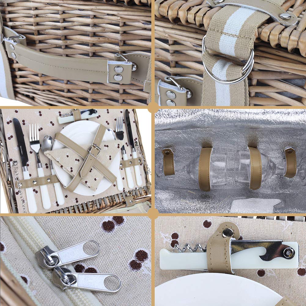 Willow Picnic Basket Set for 2 Persons with Large Insulated Cooler Bag and Waterproof Picnic Blanket, Wicker Picnic Hamper for Camping,Outdoor,Birthday