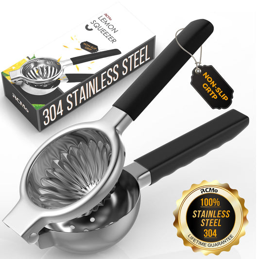 RCMo Stainless Steel Lemon Squeezer - Metal Citrus Juicer - Lime Lemon and Fruit Juicer with Silicone Handles - Large Manual Citrus Press Juicer - Hand Held Squeezer - Ergonomic Design with Solid