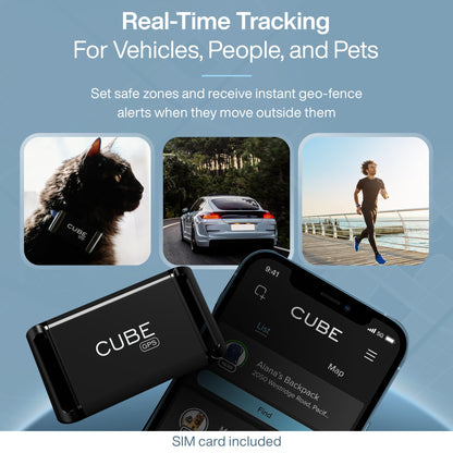 Cube GPS Tracker for Vehicles Assets Kids, Mini GPS Trackers for Dogs, Car Tracker Device: Real Time Worldwide Location SOS Pings Geo-Fencing + Rechargeable Battery Requires Subscription