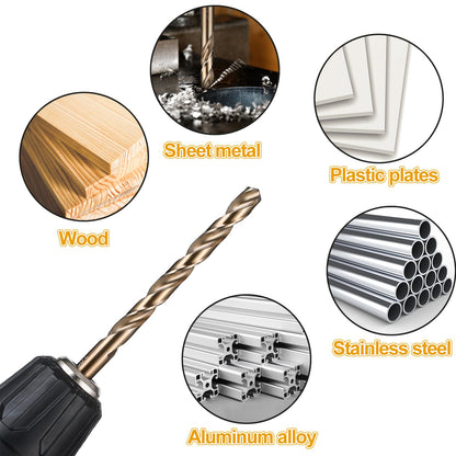 CaRoller Cobalt Drill Bit Set 115 PCS, High Speed Steel M35 Drill Bits Durable Round Shank Drill Sets for Hardened Steel, Wood Plastic, Sheet Metal, with Metal Index Storage Box (115pcs Cobalt)