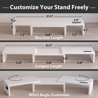 BONTEC Dual Monitor Stand for Desk, Adjustable Length and Angle Monitor Stand Riser with Smartphone Holder, Desk Shelf for Top of Desk, Computer Monitor Stand with Storage, Office Desk Organizer, White