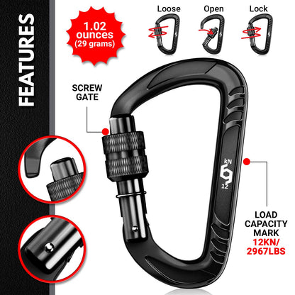 RHINO Produxs 12kN (2697 lbs) Heavy Duty, Locking, Auto Locking, Wiregate Carabiner Clips, for Securing Pets, Outdoor, Camping, Hiking, Hammock, Dog Leash Harness, Keychains