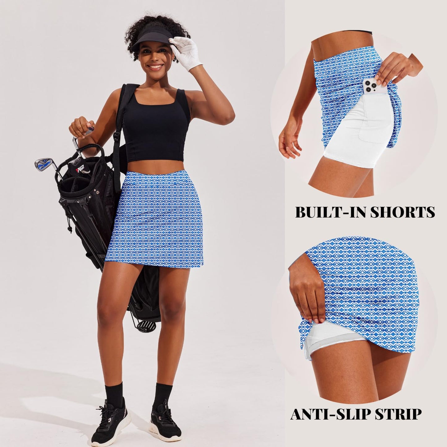 Ekouaer Skort Women 16" Golf Skirts Tennis Athletic Skirt Inner Shorts Pocket Running Workout Pickleball Skorts,Navy Pattern