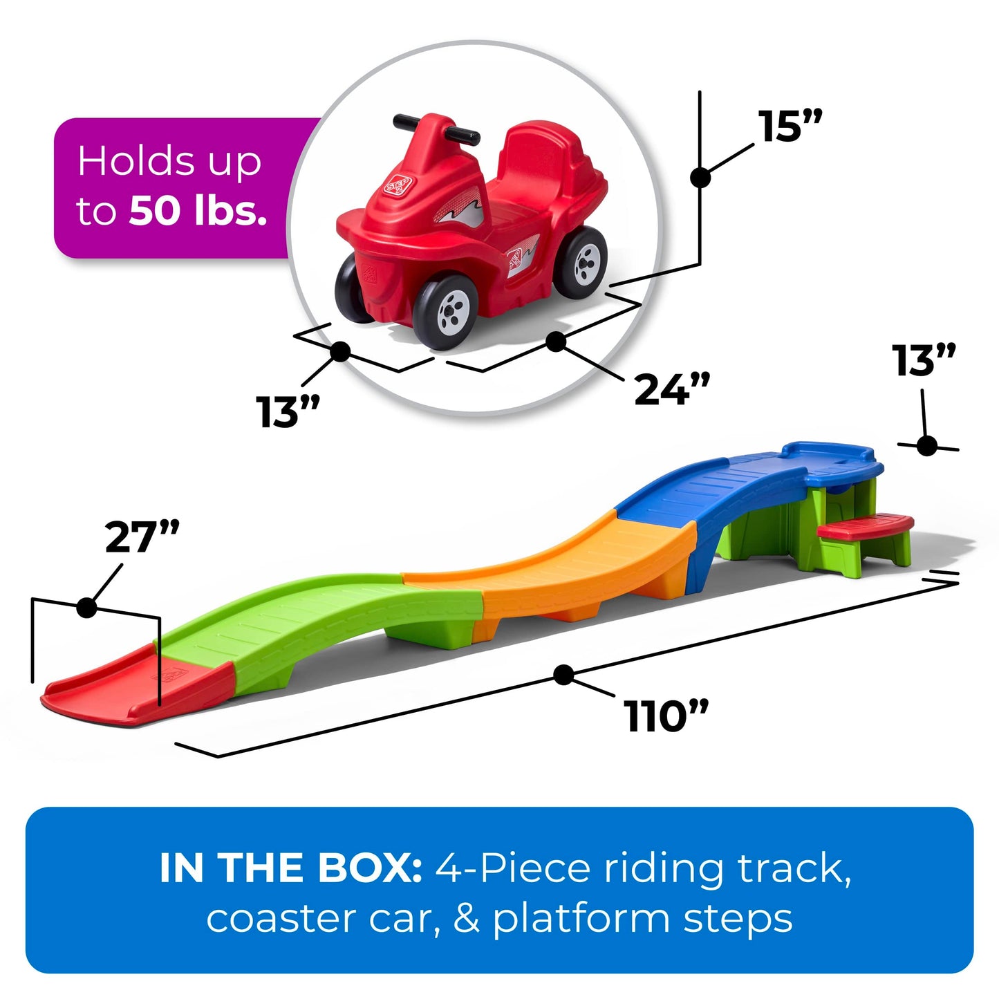 Step2 Up & Down Roller Coaster Kids Ride On Toy, Push Car, Indoor/Outdoor Playset, Made of Durable Plastic, Max Weight 50 lbs., For Toddlers 2-5 Years Old, Multicolor