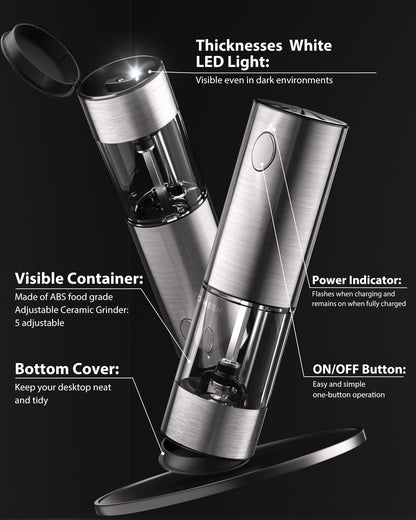 TOMEEM Upgraded Larger Capacity Electric Salt and Pepper Grinder Set Rechargeable with LED lights, Stainless Steel Automatic Pepper and Salt Grinder Refillable with 5 Adjustable Coarseness