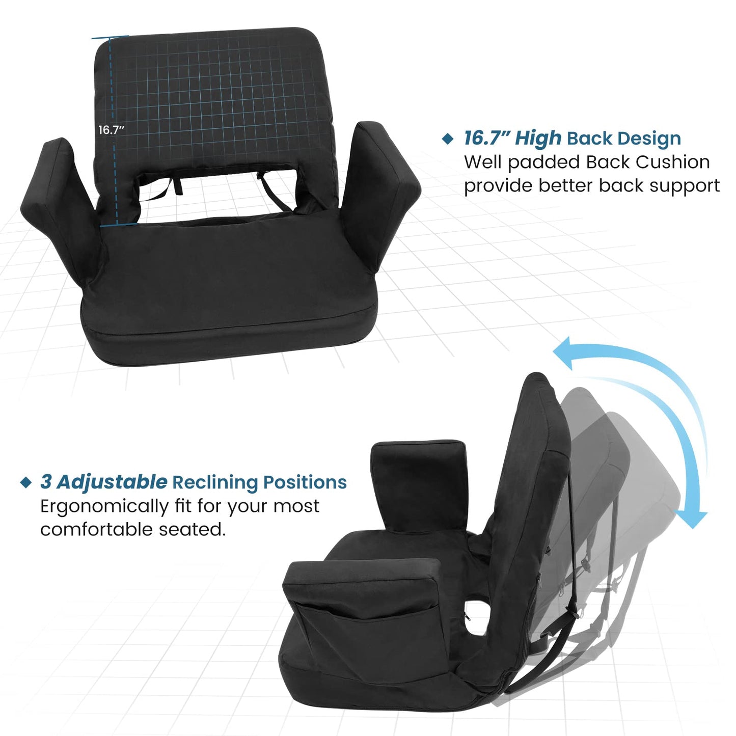 TOPSKY Stadium Seat with Back Support, Regular Size 18.7”Width (Seat 17”), 3 Reclining Positions, Wide Bleacher Seats with 2 Hook, Picnic Seat (Black)