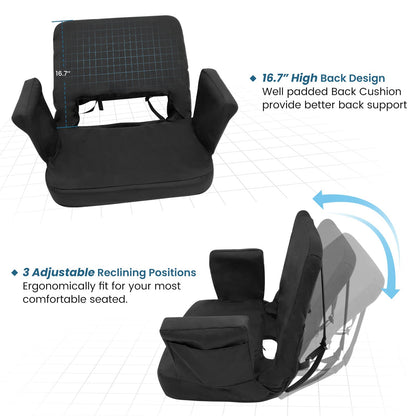TOPSKY Stadium Seat with Back Support, Regular Size 18.7”Width (Seat 17”), 3 Reclining Positions, Wide Bleacher Seats with 2 Hook, Picnic Seat (Black)