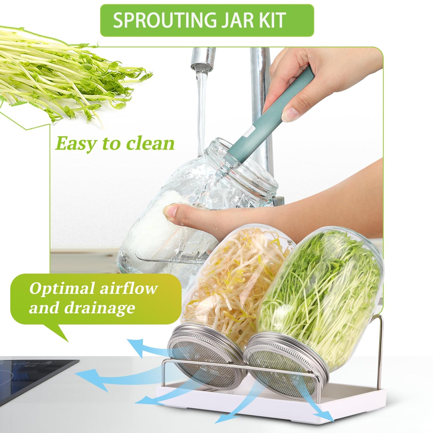 Premium Sprouting Jar Kit 2Pcs Large Wide Mouth Mason Jars With Screen Sprout Lid,Sprouting Jar Stand,Tray,Blackout Sleeves,-Seed Sprouting Kit For Growing Mung beans,Broccoli