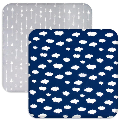 Square Playard/Playpen Fitted Sheets, Perfect for New Room2 / TotBloc Portable Playard, 2 Pack, Ultra Soft Microfiber, Fitted Playpen Sheet, Navy Cloud and Grey Arrow
