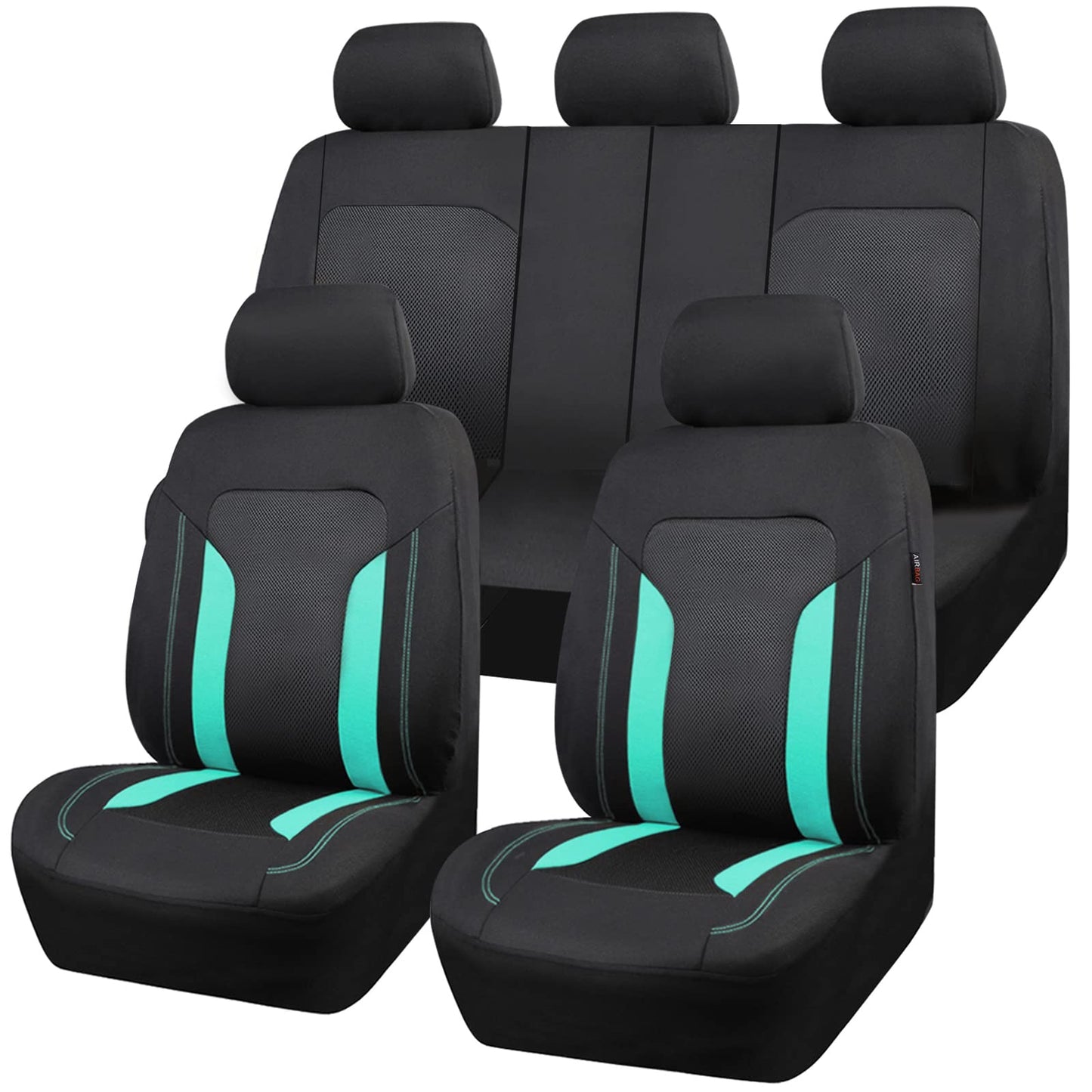 CAR PASS 3D Air Mesh Car Seat Covers Full Set, Breathable Sporty Rear Bench with Zipper for Armrest Box Universal Fit 95% Automotive SUV,Truck,Sedan Interior Cute Women Airbag Compatible, Black Mint
