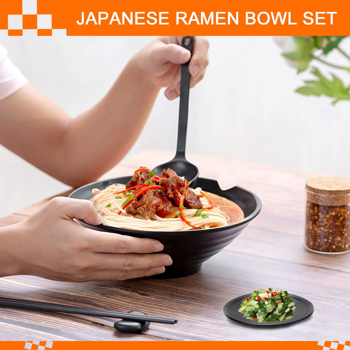 Vivimee Unbreakable Japanese Style Ramen Bowl Set of 2, 37oz Black Large Matte Melamine Bowls and Spoons Set with Chopsticks & Saucers for Pho Thai Miso Udon Soup Noodles or Asian Food