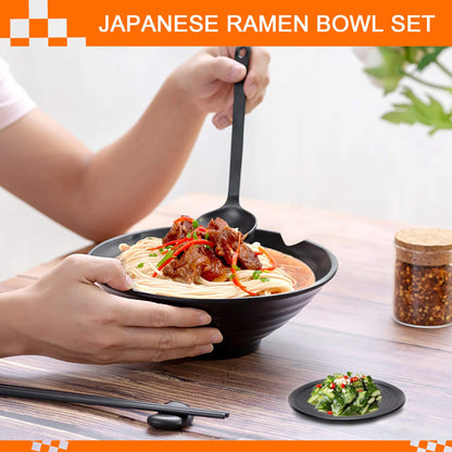 Vivimee Unbreakable Japanese Style Ramen Bowl Set of 2, 37oz Black Large Matte Melamine Bowls and Spoons Set with Chopsticks & Saucers for Pho Thai Miso Udon Soup Noodles or Asian Food