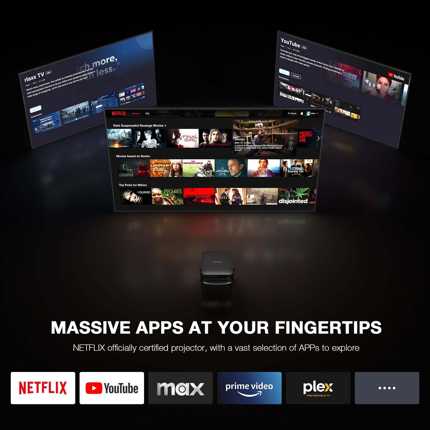 【Thinnest 1.81" & Netflix-Licensed Native 1080P Projector】Smart Mini Projector with WiFi and Bluetooth, Auto Focus & Keystone Portable Outdoor Projector, VOPLLS 4K Support Home Movie Projector(black)