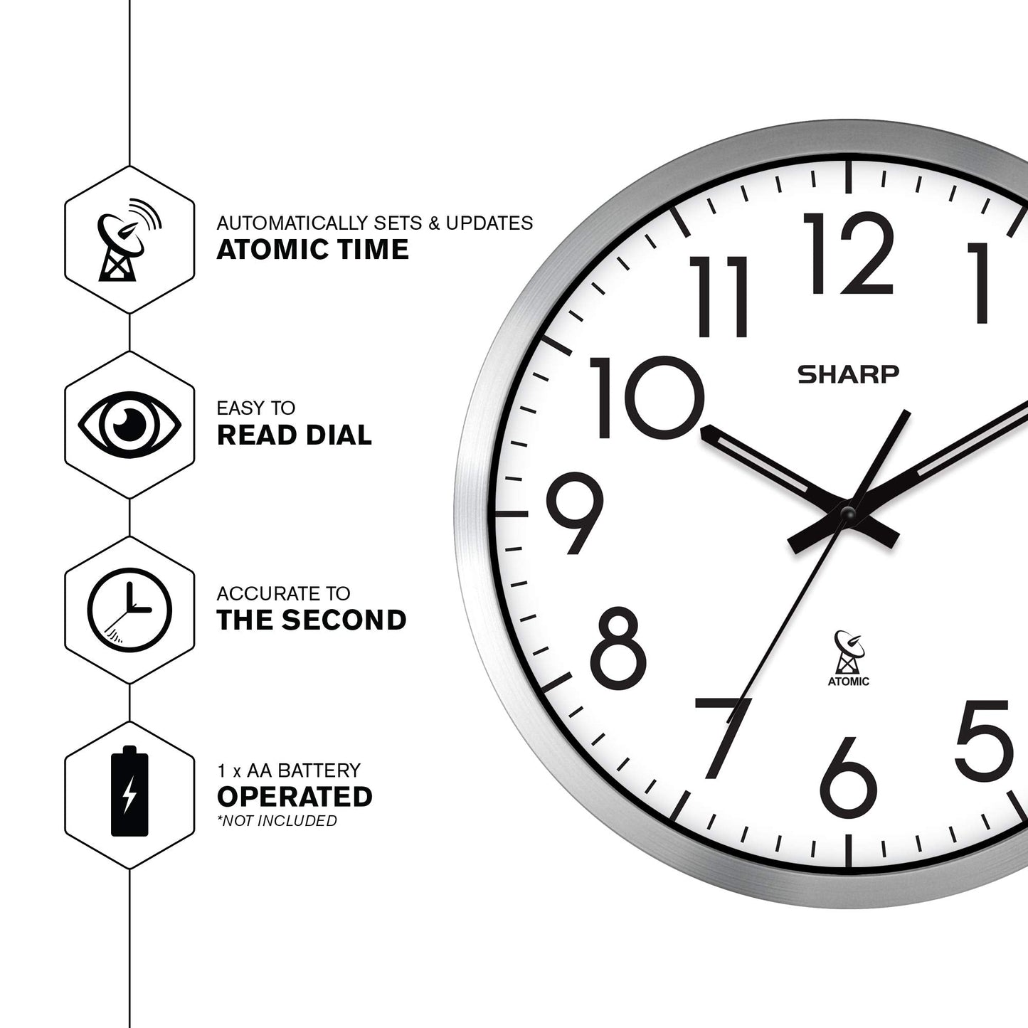 Sharp Atomic Analog Wall Clock - 12" Silver Brushed Finish - Sets Automatically- Battery Operated - Easy to Read - Easy to Use– Modern Design and Style
