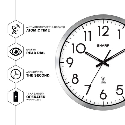 Sharp Atomic Analog Wall Clock - 12" Silver Brushed Finish - Sets Automatically- Battery Operated - Easy to Read - Easy to Use– Modern Design and Style