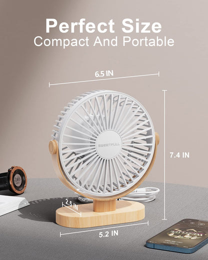 SWEETFULL Small USB Desk Fan 6.5 Inch, 3 Speeds Portable Personal Desktop Table Fan, Dual 360° Adjustment Mini Fan, Quiet Operation, for Home Office Car Outdoor Travel (White wood grain)