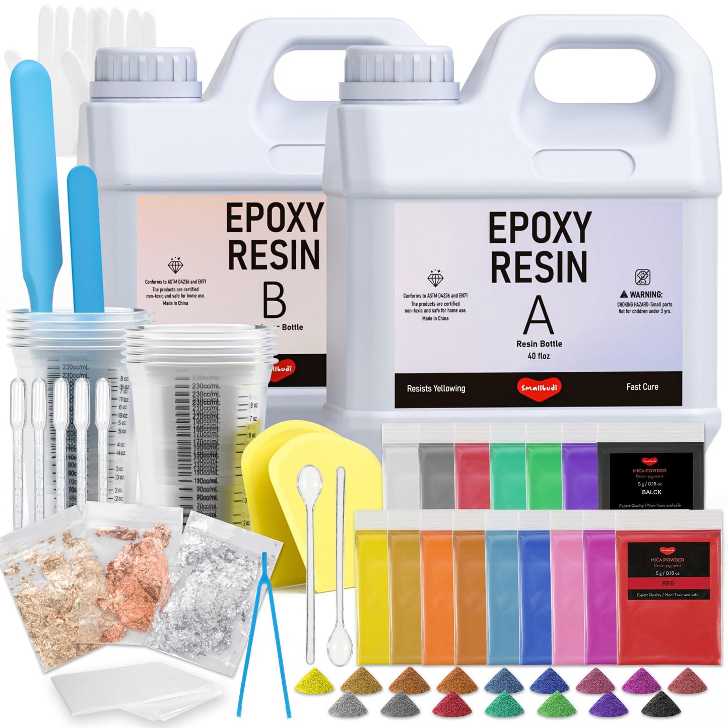 Smallbudi 80 Oz Epoxy Resin Kit with 16 Colors Mica Powder, Gold Foil, Cups & Stick, Crystal Clear Resin Beginner Supplies for Coating Casting Table, Molds, Jewelry Making, DIY Art Craft, 1:1 Ratio