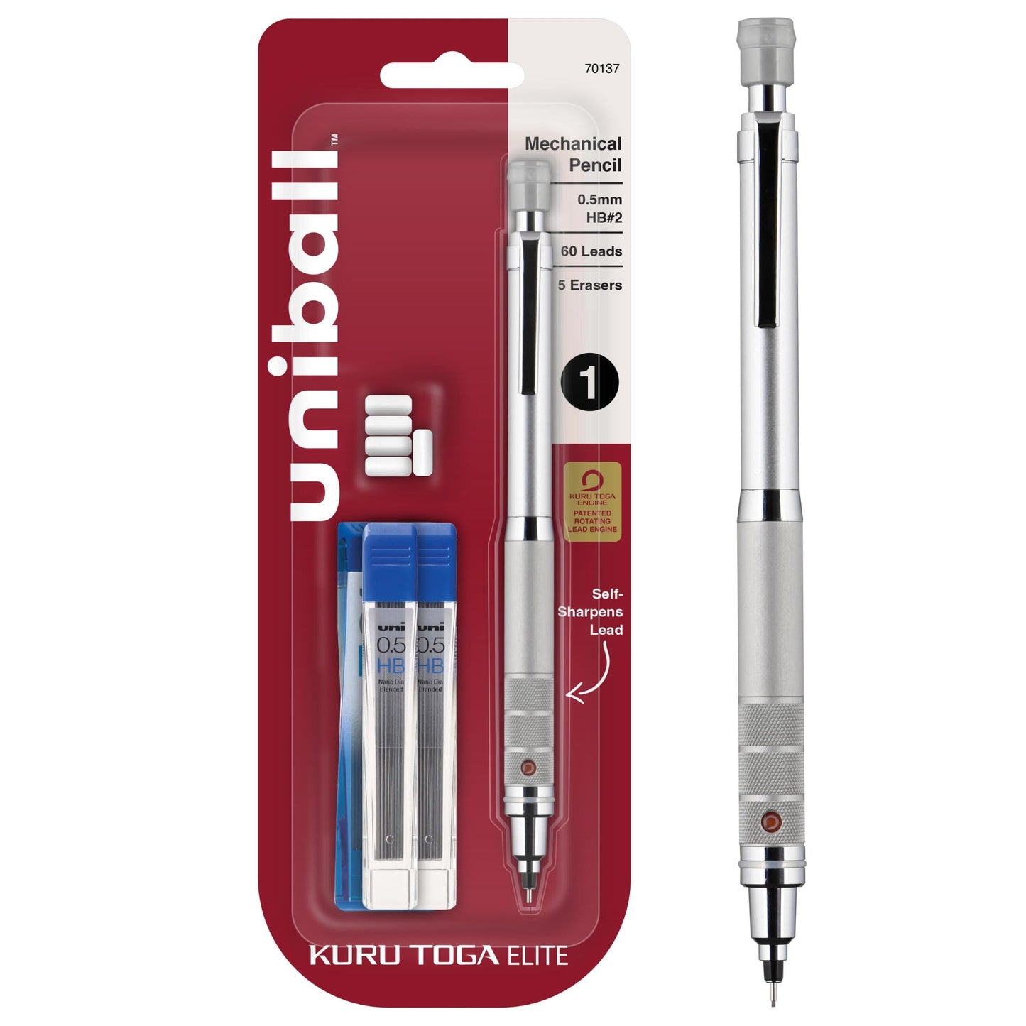 Uniball Kuru Toga Elite Mechanical Pencil Starter Kit with Silver Barrel and 0.5mm Tip; 60 Lead Refills; and 5 Pencil Eraser Refills; HB #2; Office Supplies; School Supplies; Drafting