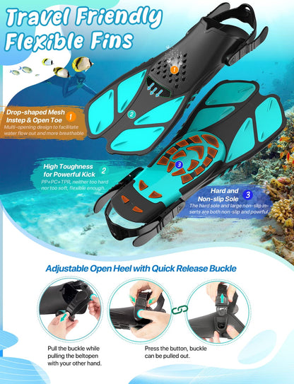 Zenoplige Mask Fins Snorkel Set, Snorkeling Gear for Adults, Panoramic View Snorkel Mask Anti-Fog, Adjustable Dive Flippers, Dry Top Snorkel and Travel Bag, Scuba Gear for Swimming Snorkeling Diving