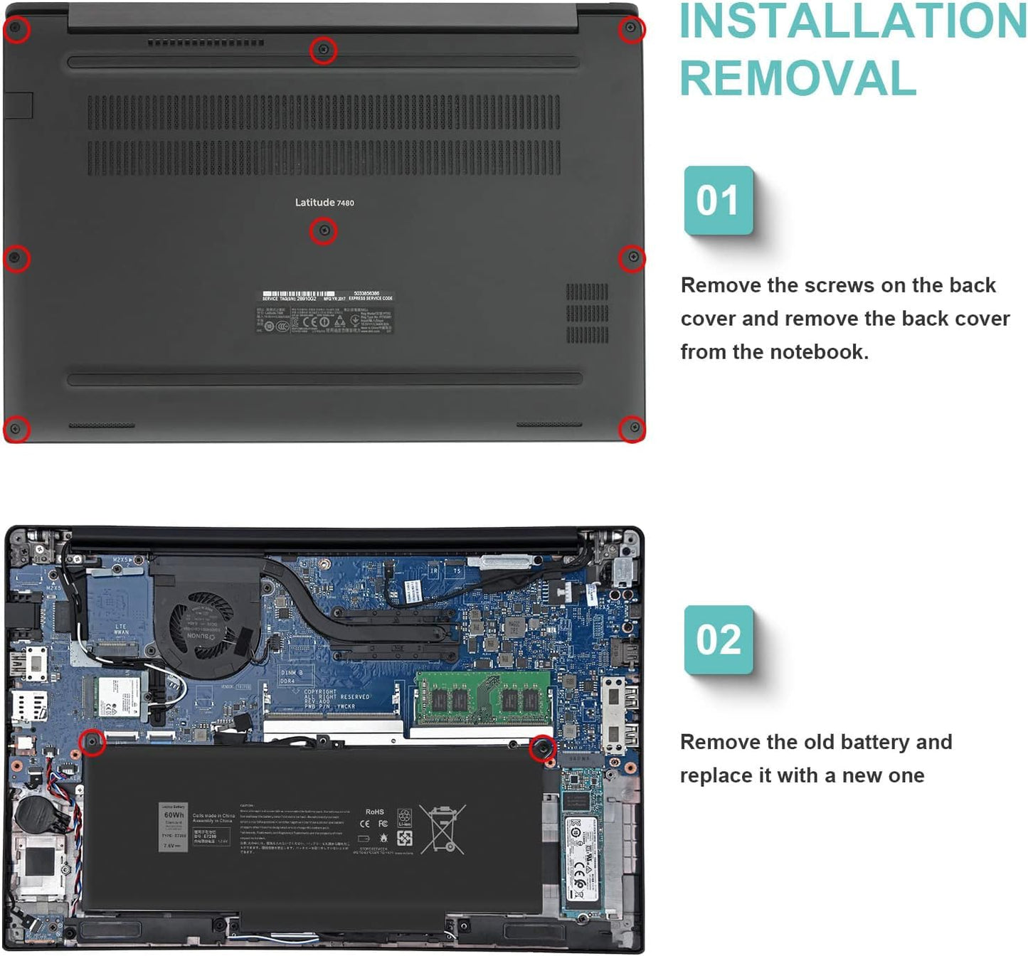 TREE.NB 60Wh F3YGT Replacement Laptop Battery for Dell Latitude 12 7000 7280 7290 13 7380 7390 P29S002 14 7480 7490 P73G002 E7480 E7280 E7290 DM3WC DM6WC 2X39G