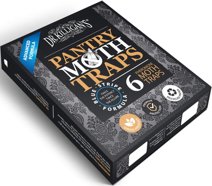 Dr. Killigan's Premium Double Potent Pantry Moth Traps with Pheromones Prime, Sticky Indian Meal Moth Traps for Kitchen, How to Get Rid of Moths in House, Organic Moth Pheromone Traps (6 Pack, Black)