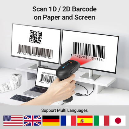 Tera Barcode Scanner Wireless 1D 2D QR with Stand: Battery Level Indicator 3 in 1 Works with Bluetooth 2.4G Wireless USB Wired Handheld Bar Code Reader with Vibration Alert HW0002 Grey