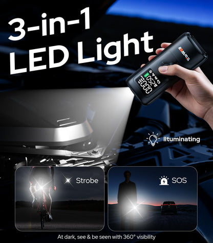 WARWOLF 160PSI Tire Inflator Portable Air Compressor - 48LPM Fast Air Pump for Car Tires: SUV, Light Truck, Motorcycle, Bike, 10000mAh with Auto Shut-Off, Digital Gauge, 12V Car Adapter, LED Light