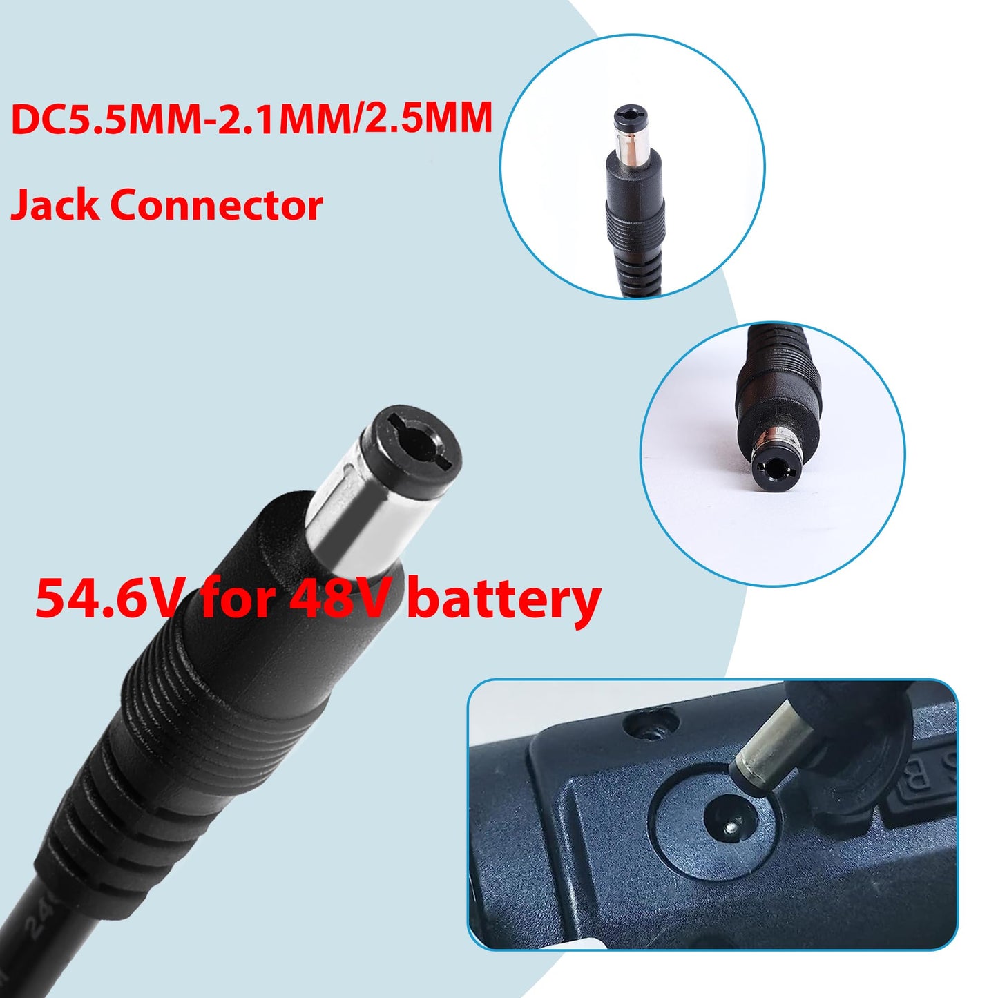 EVAPLUS UL Certified 54.6V Electric Bike Power Adapter, Fast Electric Scooter Charger for 48V Lithium Battery, 5.5mm DC Connector for 2.5mm/2.1mm