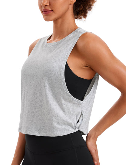 CRZ YOGA Pima Cotton Cropped Workout Tank Tops for Women - Sleeveless Sports Athletic Yoga Running Gym Crop Shirts Light Grey Heather Small