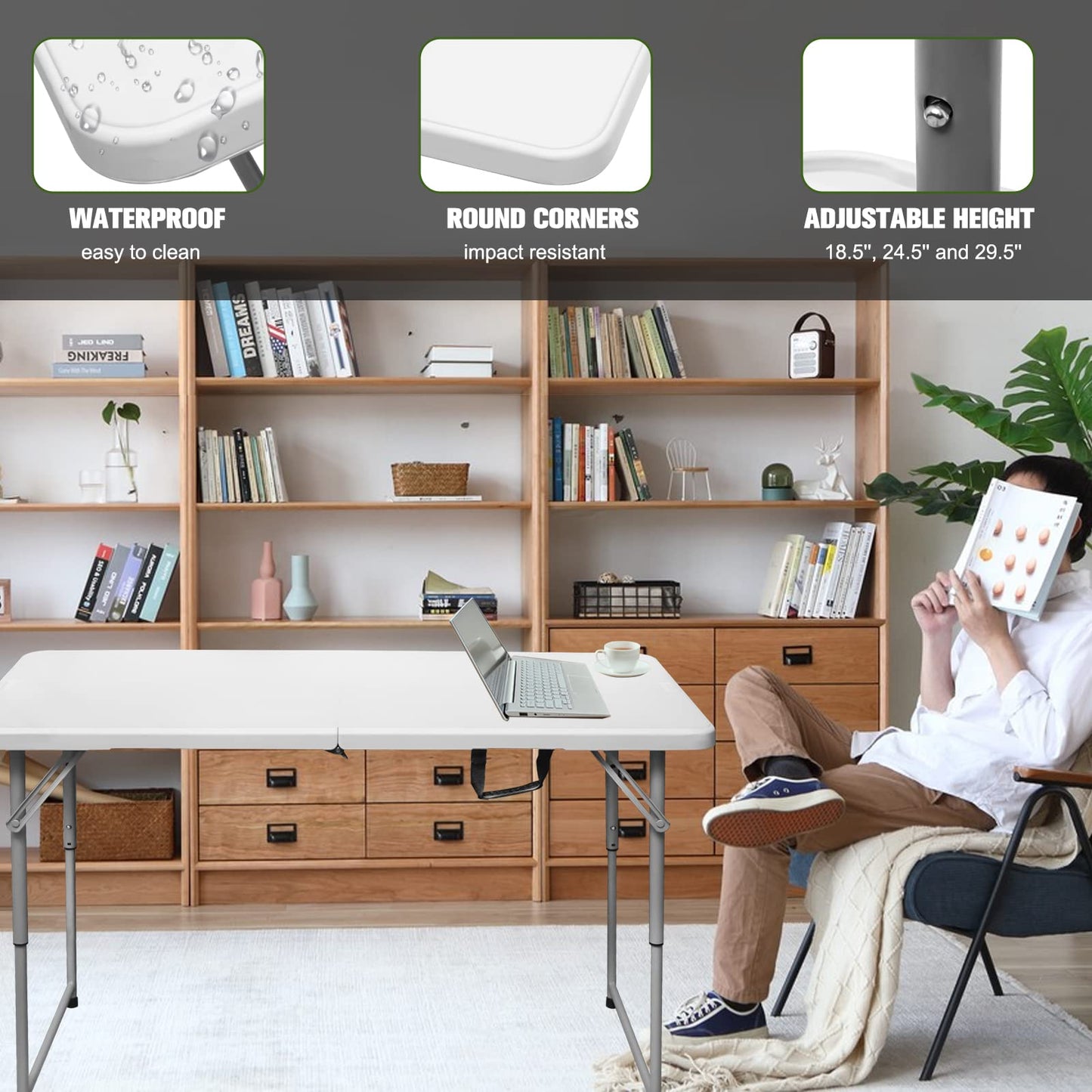 Byliable Folding Table 4 Foot Portable Heavy Duty Plastic Fold-in-Half Utility Table Small Indoor Outdoor Adjustable Height Folding with Carrying Handle, Camping and Party,White