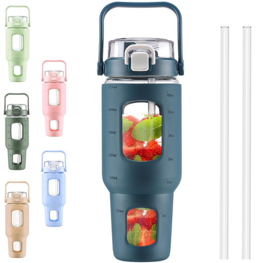 BLUEGO 40 oz Glass Water Bottles with Straw Time Marker, Glass Tumbler with Handle Top Lids, Easy to Clean, Fits in Car Cup Holder, Leakproof Jug for Gym, Sports, Workout & Daily, Dark Blue