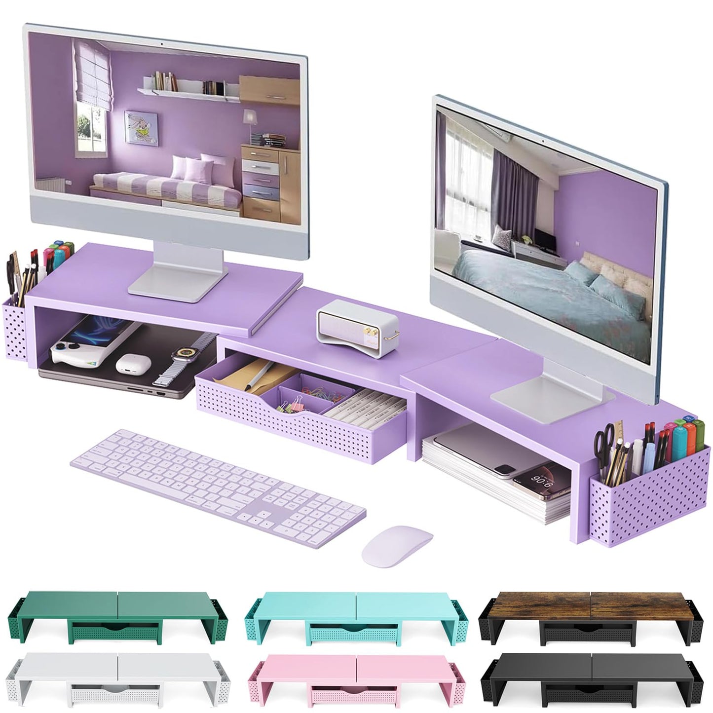 gianotter Dual Monitor Stand Riser, Desk Organizer With Drawer and 2 Pen Holders, Desk Organizers and Accessories, Purple Office Decor (Purple)