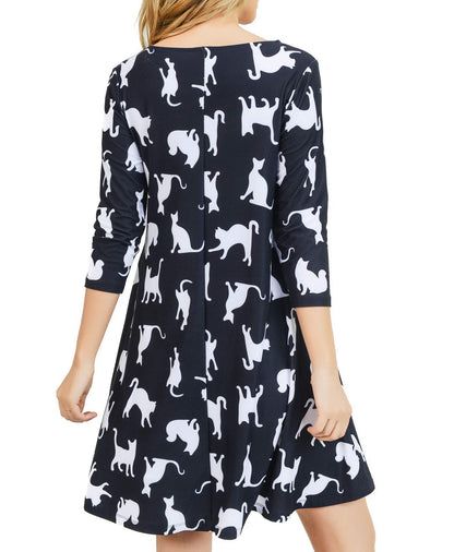 Women's Plus Size Novelty Cat Print Dresses with Pockets 2X Casual 3/4 Sleeves Crew Neck Fit and Flare Dress Balck White Kitty