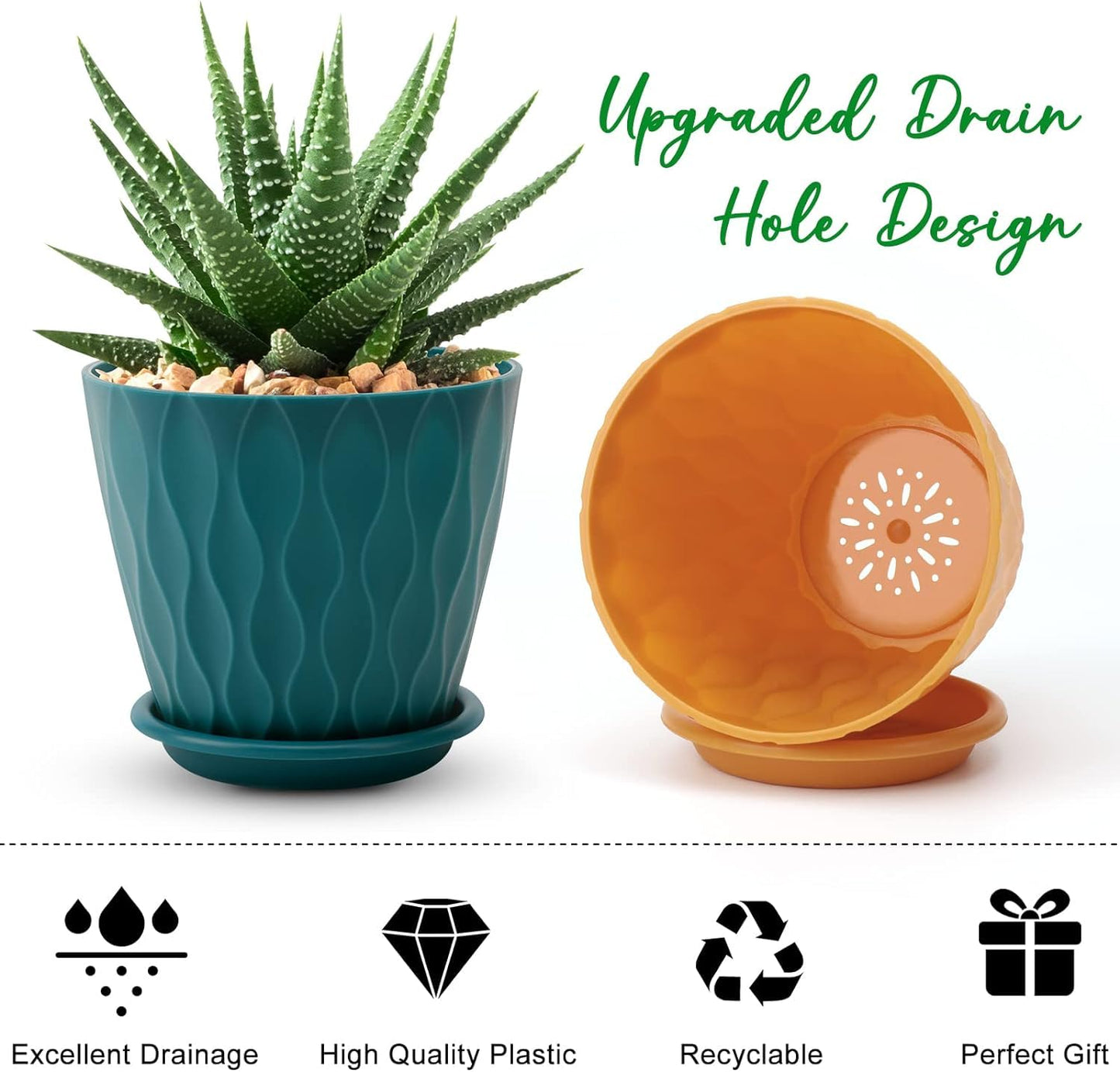 YNNICO 6 inch Plant Pots, 5 Pack Flower Pots Outdoor Indoor, Planters with Drainage Holes and Tray Saucers（Multicolor）