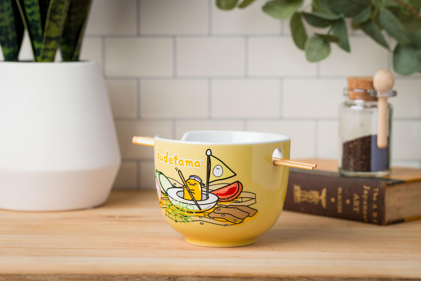 Silver Buffalo Sanrio Hello Kitty and Friends Gudetama Lazy Egg Sailing In Ramen Ceramic Ramen Noodle Rice Bowl with Chopsticks, Microwave Safe, 20 Ounces